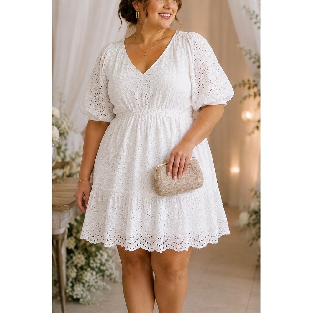 Eloquii Elements White Eyelet Cotton Dress Plus Size 16 V-Neck Puff Sleeve